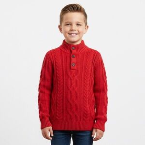 Gap Kids Cable Knit Mock Red Sweater Youth Boy Large 7-8 Year Grey Sherpa Collar